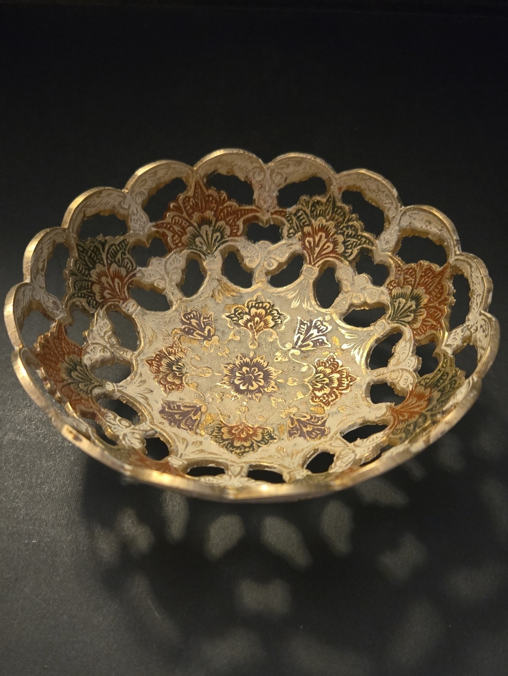 Decorative Scalloped Solid Brass Filigree Bowl - Multicolor Accent